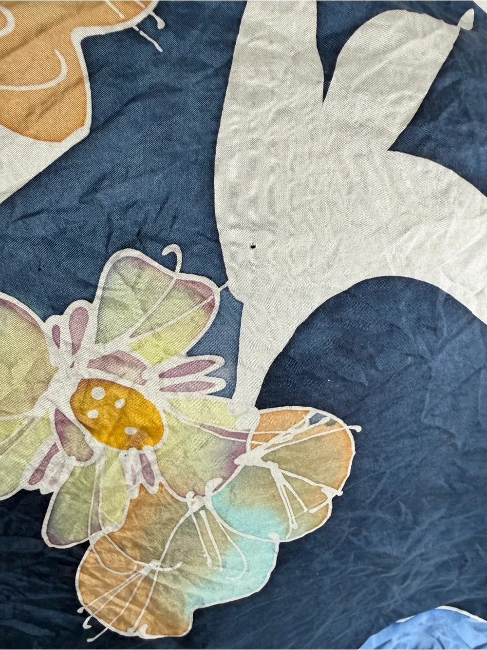 Vintage Floral Bird Print Oversized Scarf Blue Square Wrap Shawl Cottagecore